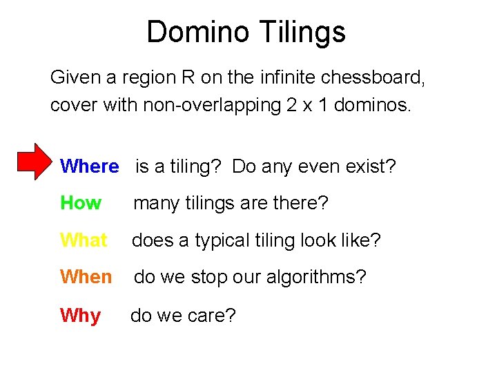 Domino Tilings Given a region R on the infinite chessboard, cover with non-overlapping 2