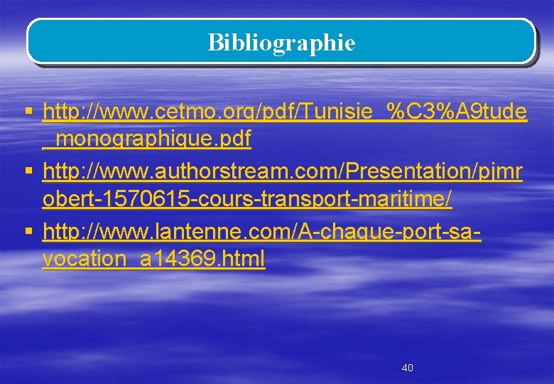 Bibliographie § http: //www. cetmo. org/pdf/Tunisie_%C 3%A 9 tude _monographique. pdf § http: //www.