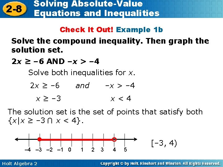 2 -8 Solving Absolute-Value Equations and Inequalities Check It Out! Example 1 b Solve