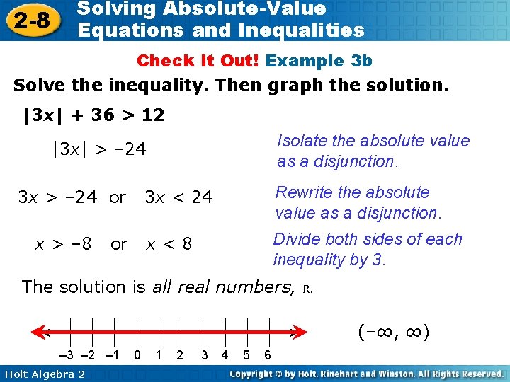 2 -8 Solving Absolute-Value Equations and Inequalities Check It Out! Example 3 b Solve