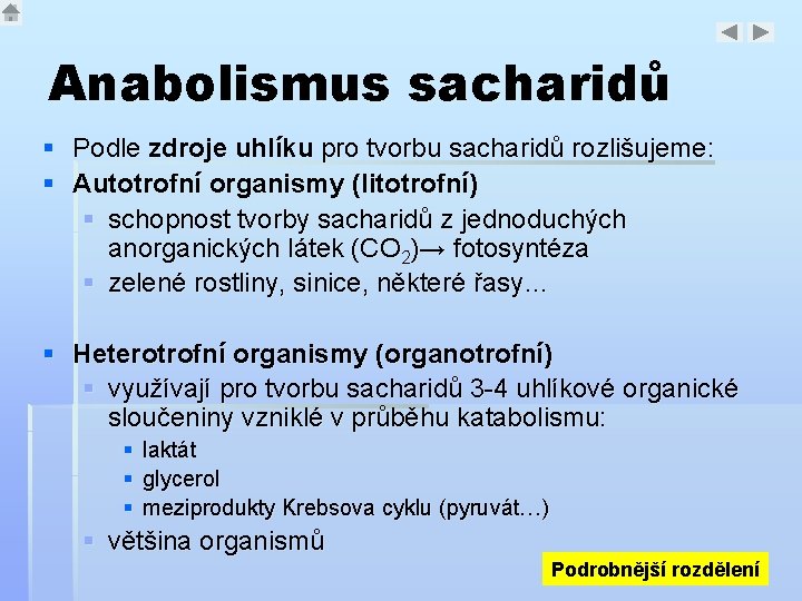 Anabolismus sacharidů § Podle zdroje uhlíku pro tvorbu sacharidů rozlišujeme: § Autotrofní organismy (litotrofní)