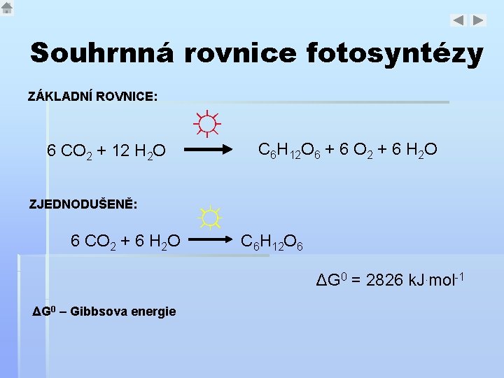 Souhrnná rovnice fotosyntézy ZÁKLADNÍ ROVNICE: ☼ 6 CO 2 + 12 H 2 O