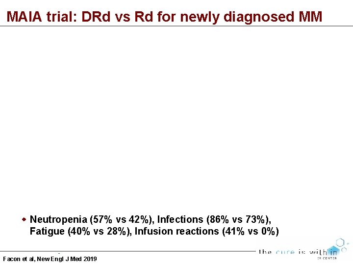 MAIA trial: DRd vs Rd for newly diagnosed MM Neutropenia (57% vs 42%), Infections