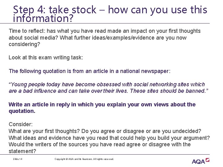 Step 4: take stock – how can you use this information? Time to reflect: