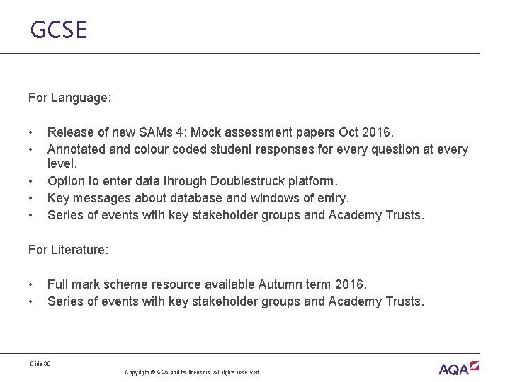 GCSE For Language: • • • Release of new SAMs 4: Mock assessment papers