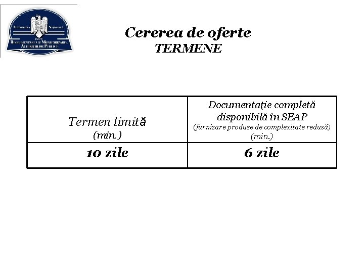 Cererea de oferte TERMENE Termen limită (min. ) 10 zile Documentaţie completă disponibilă în