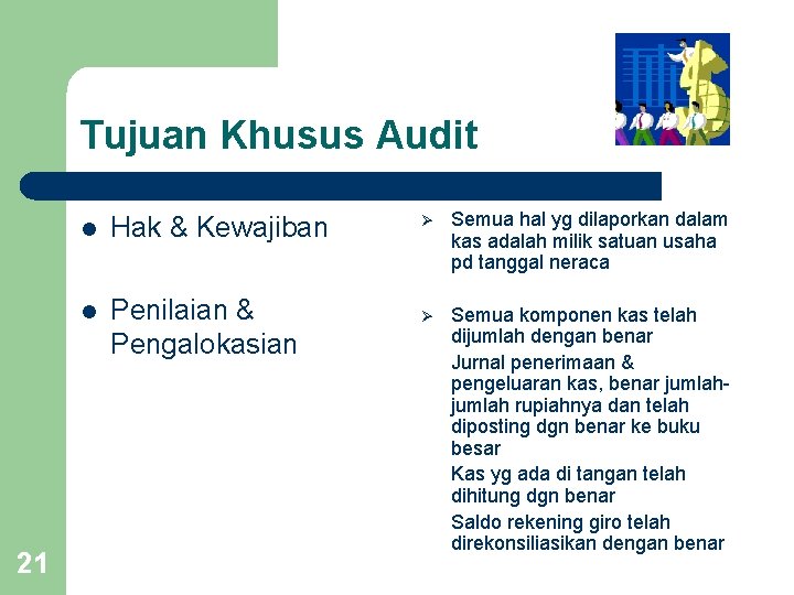 Tujuan Khusus Audit 21 l Hak & Kewajiban l Penilaian & Pengalokasian Ø Semua