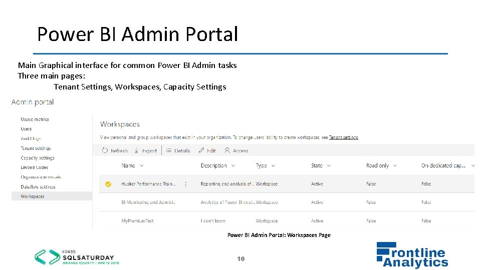 Power BI Admin Portal Main Graphical interface for common Power BI Admin tasks Three