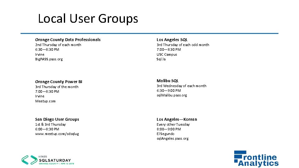 Local User Groups Orange County Data Professionals Los Angeles SQL Orange County Power BI