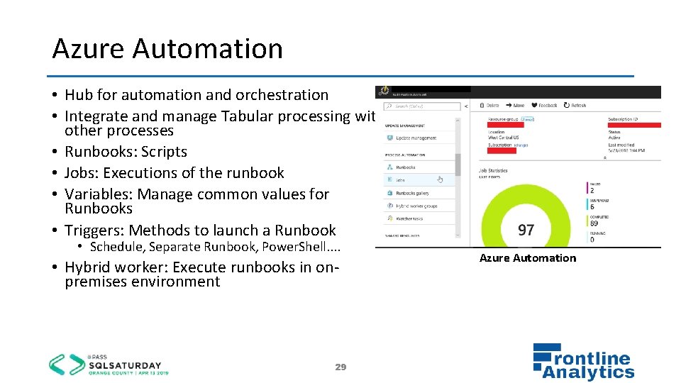 Azure Automation • Hub for automation and orchestration • Integrate and manage Tabular processing