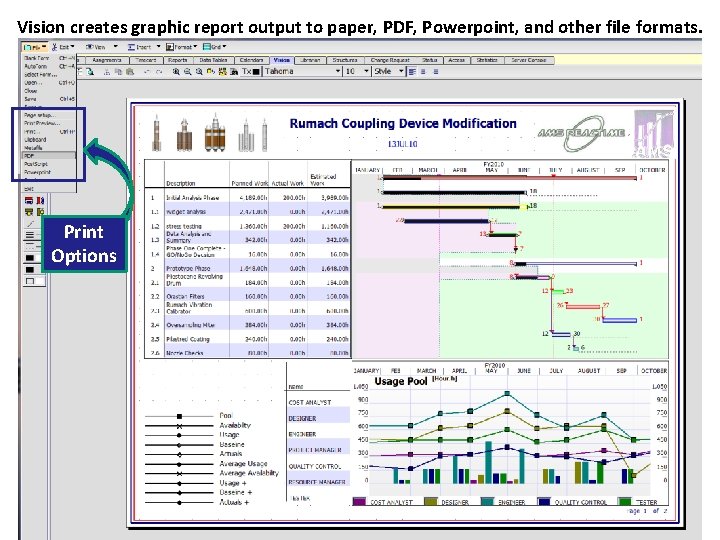 Vision creates graphic report output to paper, PDF, Powerpoint, and other file formats. Print