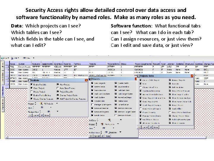 Security Access rights allow detailed control over data access and software functionality by named