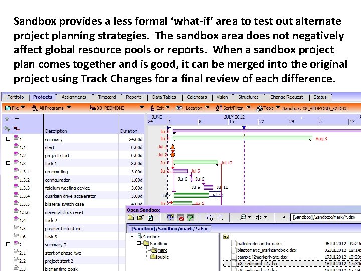 Sandbox provides a less formal ‘what-if’ area to test out alternate project planning strategies.