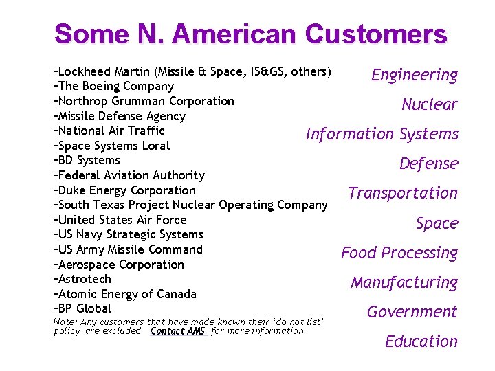 Some N. American Customers –Lockheed Martin (Missile & Space, IS&GS, others) Engineering –The Boeing