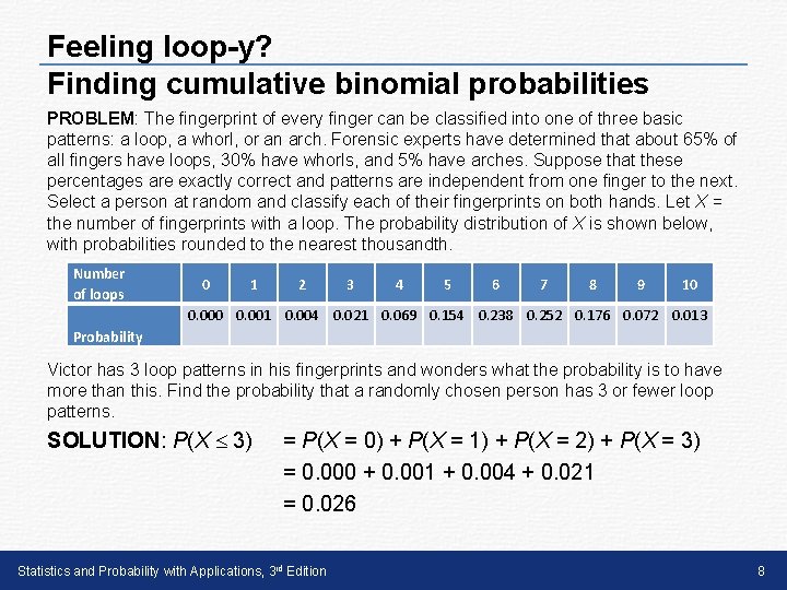 Feeling loop-y? Finding cumulative binomial probabilities PROBLEM: The fingerprint of every finger can be Feeling loop-y? Finding cumulative binomial probabilities PROBLEM: The fingerprint of every finger can be
