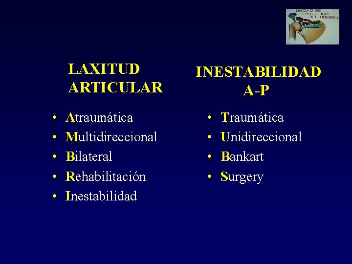 LAXITUD ARTICULAR • • • Atraumática Multidireccional Bilateral Rehabilitación Inestabilidad INESTABILIDAD A-P • •