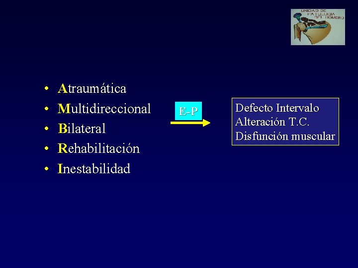  • • • Atraumática Multidireccional Bilateral Rehabilitación Inestabilidad E-P Defecto Intervalo Alteración T.