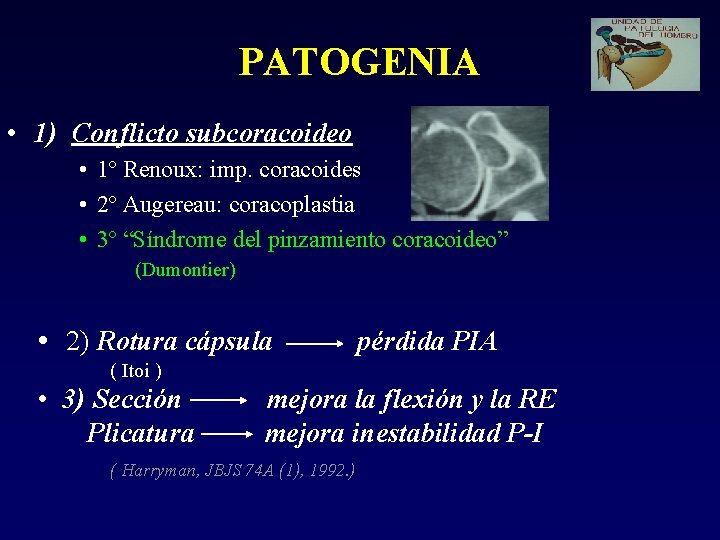 PATOGENIA • 1) Conflicto subcoracoideo • 1º Renoux: imp. coracoides • 2º Augereau: coracoplastia