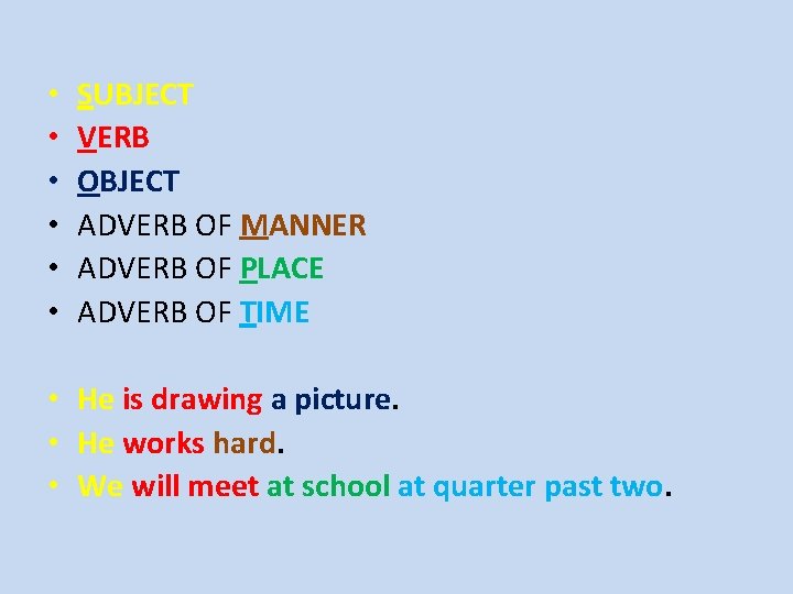  • • • SUBJECT VERB OBJECT ADVERB OF MANNER ADVERB OF PLACE ADVERB