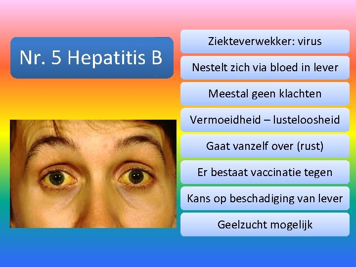 Nr. 5 Hepatitis B Ziekteverwekker: virus Nestelt zich via bloed in lever Meestal geen