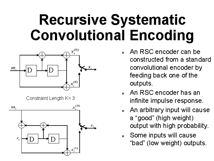 Recursive Systematic Convolutional Encoding n D D Constraint Length K= 3 n n D