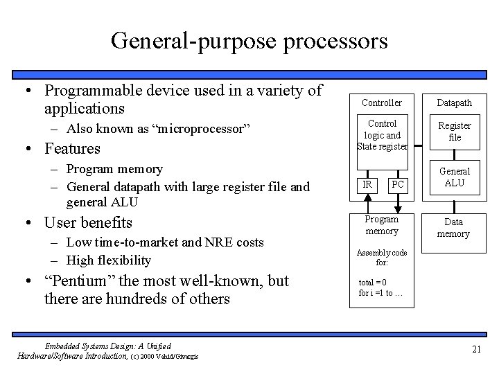 General-purpose processors • Programmable device used in a variety of applications – Also known