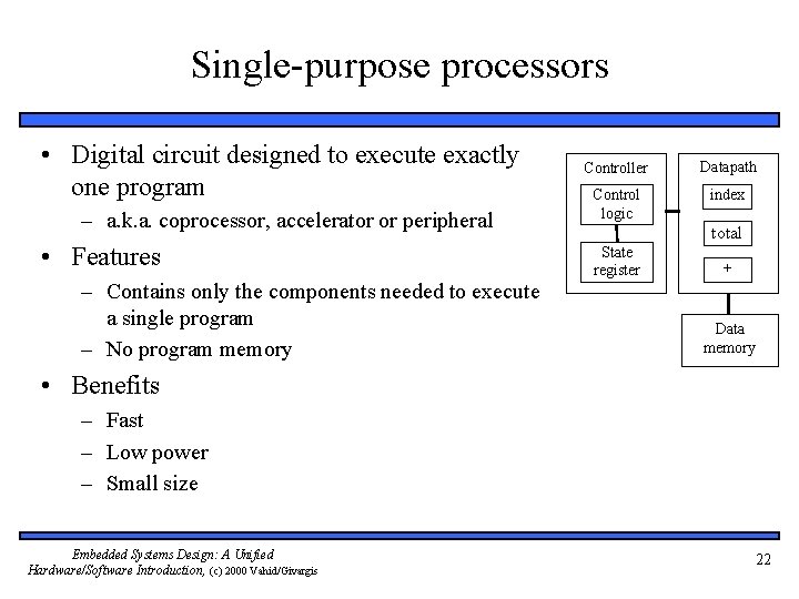 Single-purpose processors • Digital circuit designed to execute exactly one program – a. k.