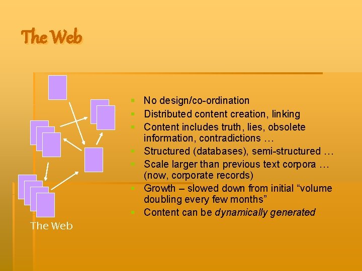 The Web § § § The Web § No design/co-ordination Distributed content creation, linking