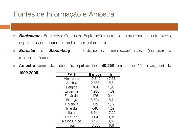 Fontes de Informação e Amostra q Bankscope - Balanços e Contas de Exploração (estrutura