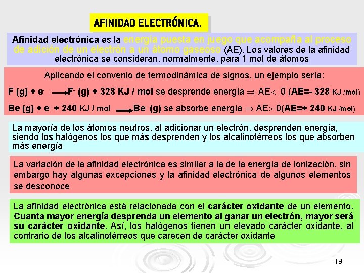 AFINIDAD ELECTRÓNICA. Afinidad electrónica es la energía puesta en juego que acompaña al proceso