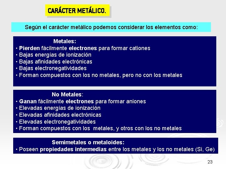 CARÁCTER METÁLICO. Según el carácter metálico podemos considerar los elementos como: Metales: • Pierden