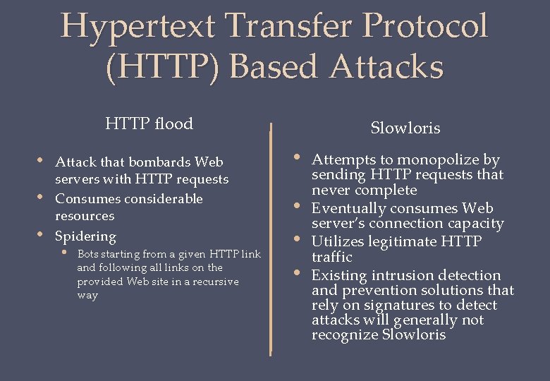 Hypertext Transfer Protocol (HTTP) Based Attacks HTTP flood • • • Attack that bombards