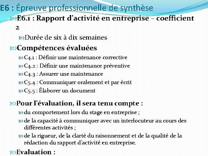 E 6 : Épreuve professionnelle de synthèse E 6. 1 : Rapport d’activité en E 6 : Épreuve professionnelle de synthèse E 6. 1 : Rapport d’activité en
