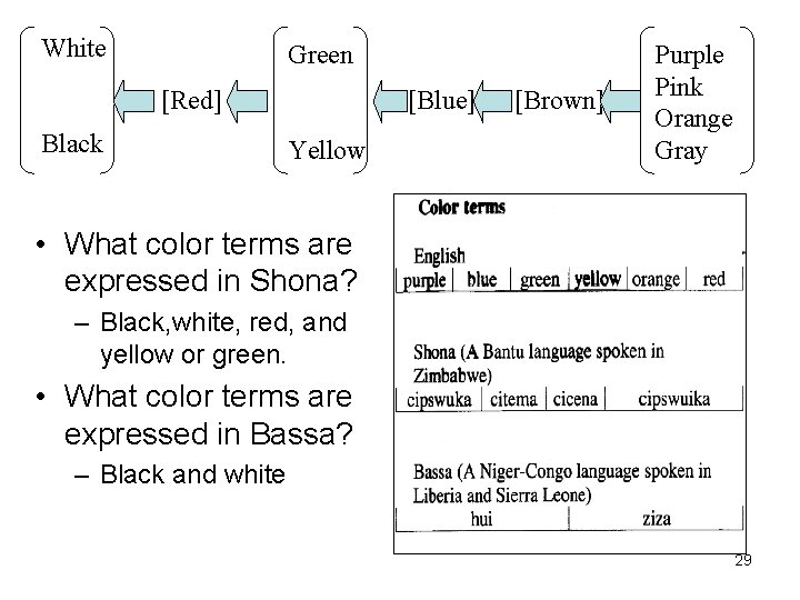 White Green [Red] Black [Blue] Yellow [Brown] Purple Pink Orange Gray • What color