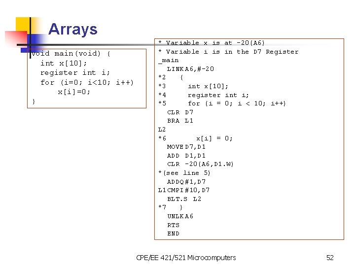 Arrays void main(void) { int x[10]; register int i; for (i=0; i<10; i++) x[i]=0;