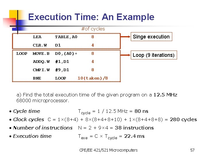 Execution Time: An Example #of cycles LOOP LEA TABLE, A 0 8 CLR. W