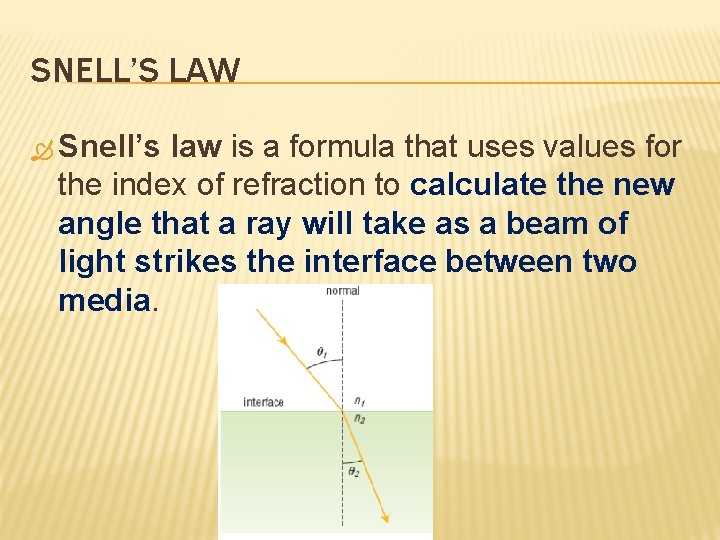 SNELL’S LAW Snell’s law is a formula that uses values for the index of