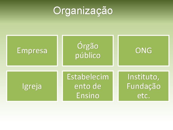 Organização Empresa Órgão público ONG Igreja Estabelecim ento de Ensino Instituto, Fundação etc. 