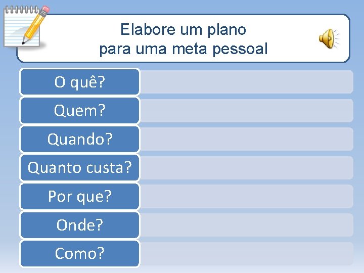 Elabore um plano para uma meta pessoal O quê? Quem? Quando? Quanto custa? Por