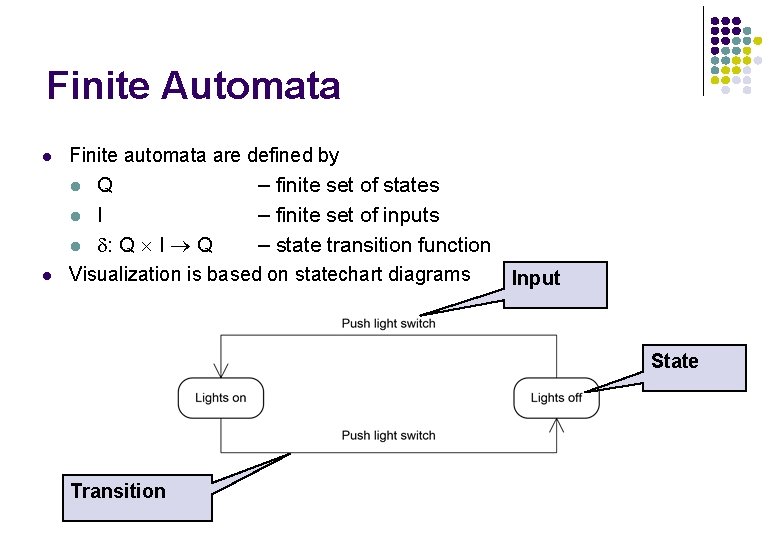 Finite Automata l Finite automata are defined by l Q – finite set of