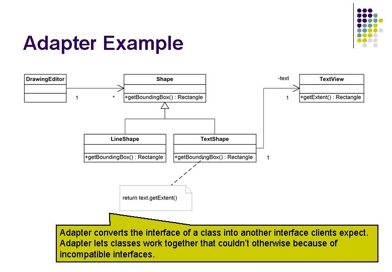 Adapter Example Adapter converts the interface of a class into another interface clients expect.