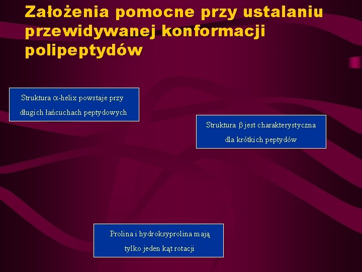Założenia pomocne przy ustalaniu przewidywanej konformacji polipeptydów Struktura -helix powstaje przy długich łańcuchach peptydowych