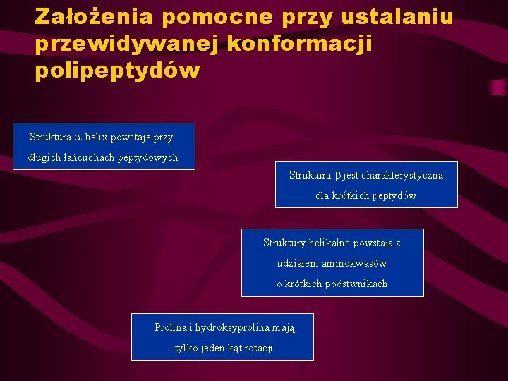 Założenia pomocne przy ustalaniu przewidywanej konformacji polipeptydów Struktura -helix powstaje przy długich łańcuchach peptydowych