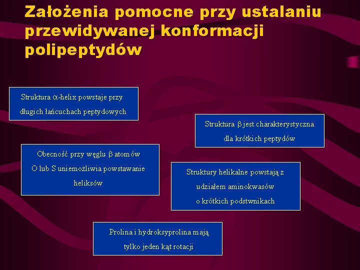 Założenia pomocne przy ustalaniu przewidywanej konformacji polipeptydów Struktura -helix powstaje przy długich łańcuchach peptydowych