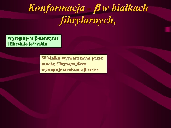 Konformacja - w białkach fibrylarnych, Występuje w -keratynie i fibroinie jedwabiu W białku wytwarzanym