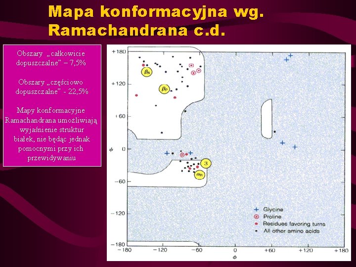 Mapa konformacyjna wg. Ramachandrana c. d. Obszary „całkowicie dopuszczalne” – 7, 5% Obszary „częściowo