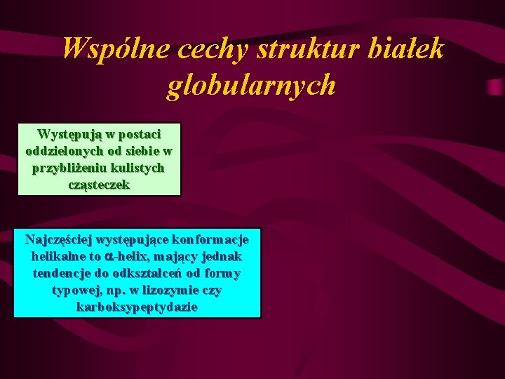 Wspólne cechy struktur białek globularnych Występują w postaci oddzielonych od siebie w przybliżeniu kulistych