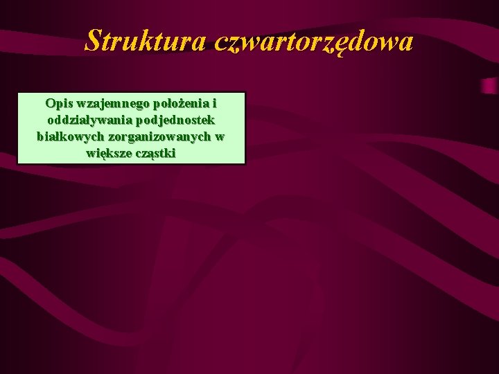 Struktura czwartorzędowa Opis wzajemnego położenia i oddziaływania podjednostek białkowych zorganizowanych w większe cząstki 