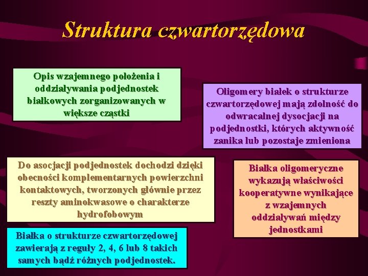 Struktura czwartorzędowa Opis wzajemnego położenia i oddziaływania podjednostek białkowych zorganizowanych w większe cząstki Do