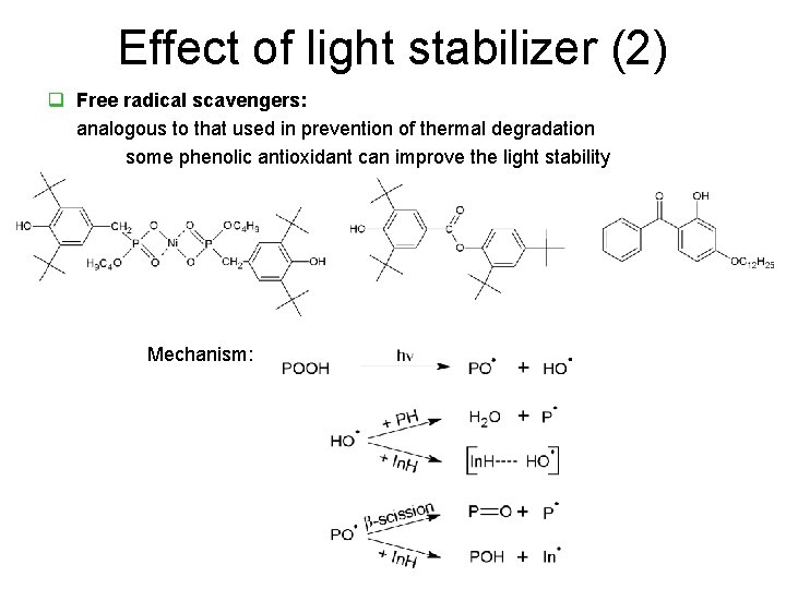 Effect of light stabilizer (2) q Free radical scavengers: analogous to that used in